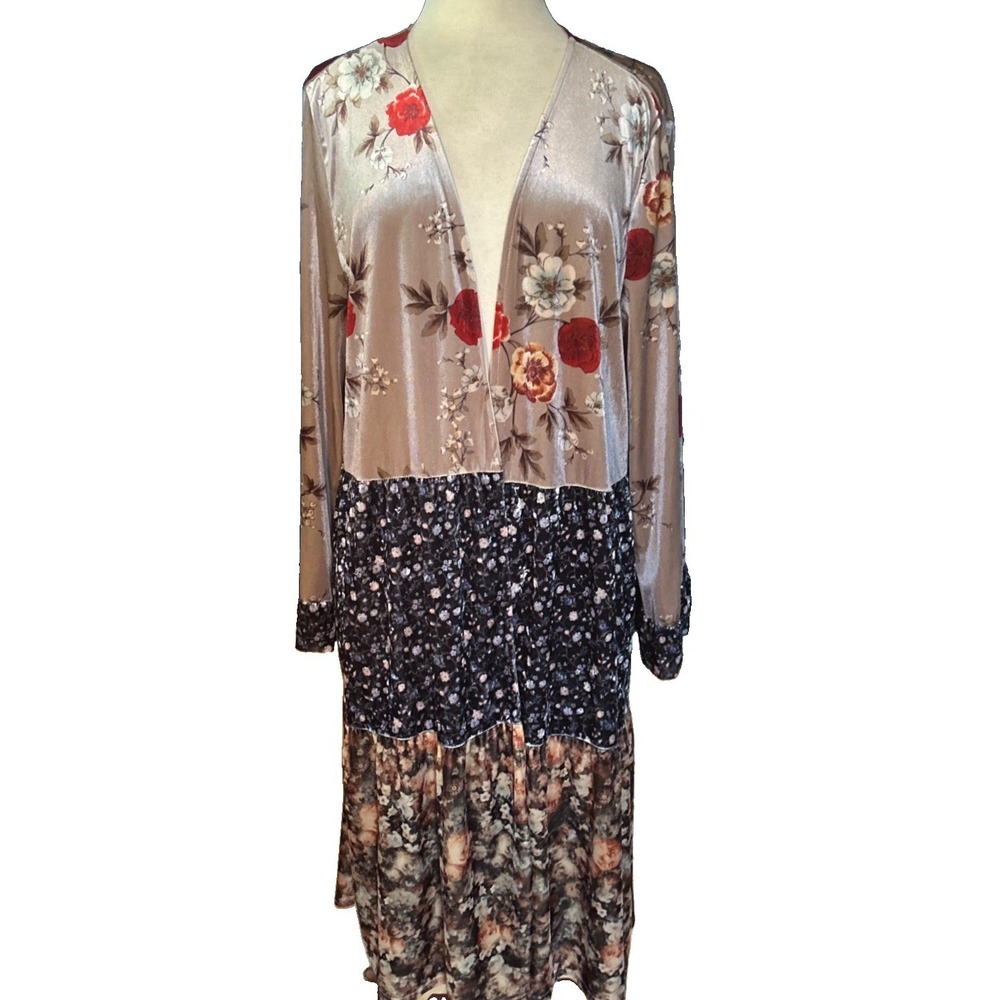 Oddy Velvet Duster Kimono Tiered Mixed Floral Patterns Womens PLUS Size 1XL 2XL